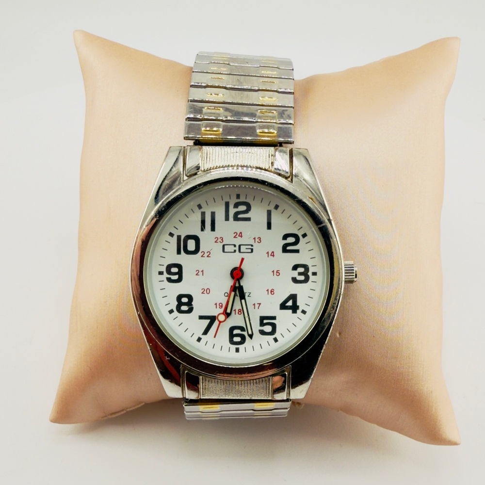 Men’s CG Silver quartz With New Battery White Face Military Time